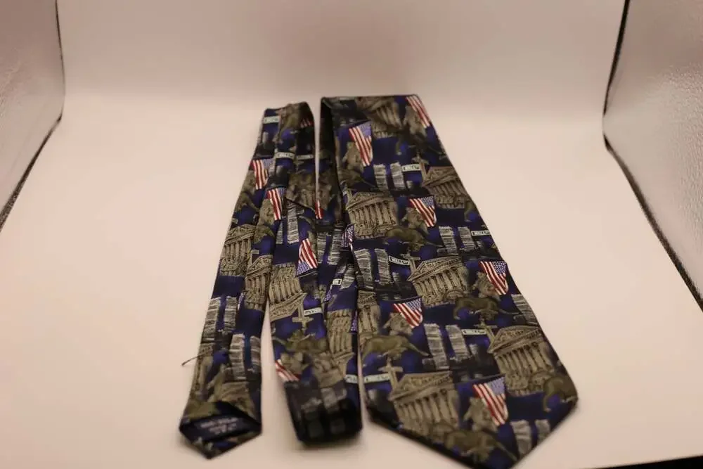 Stonehenge Wall Street Vintage Silk Necktie with Bull Bear and Twin Towers Print
